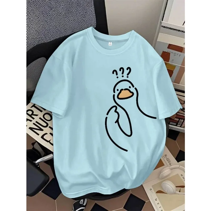 Ladies' Casual Short Sleeved Cute Duck Pattern Printed White Round Neck All Season Comfortable Women Kids Multi-color Trendy Top