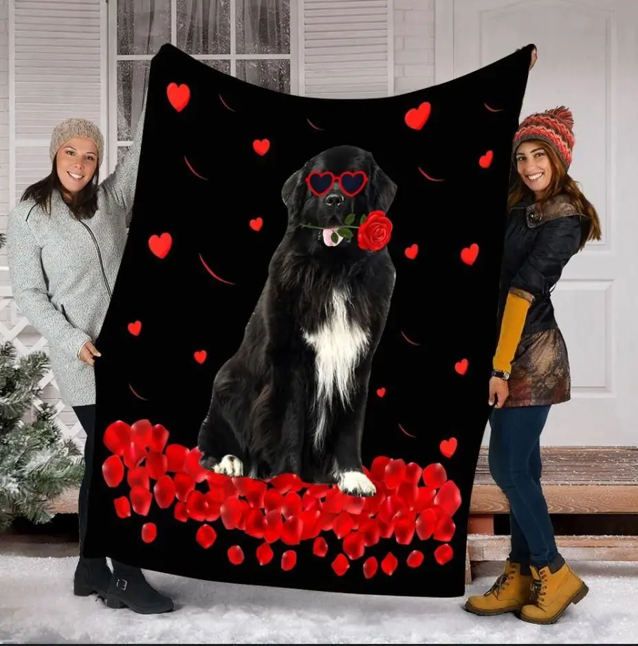 Newfoundland Heart Rose Valentine Day Dog Lovers Gift Fleece Blanket 3D Printed Kids Adult Soft Bed Cover Sheet Plush Blanket