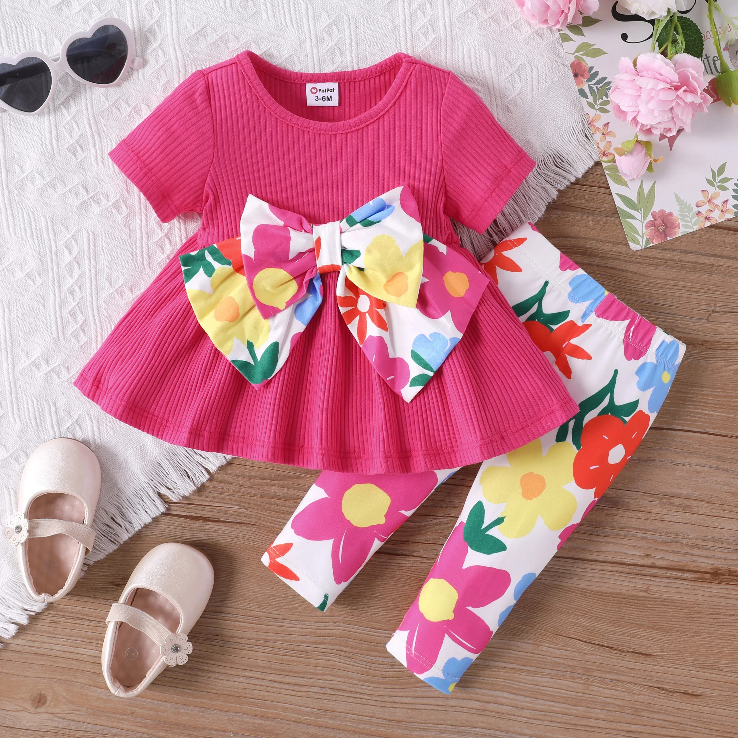 PatPat Baby Girl 2pcs Bowknot Design Tee and Floral Print Leggings Set Suitable for Summer Season Soft and Comfortable