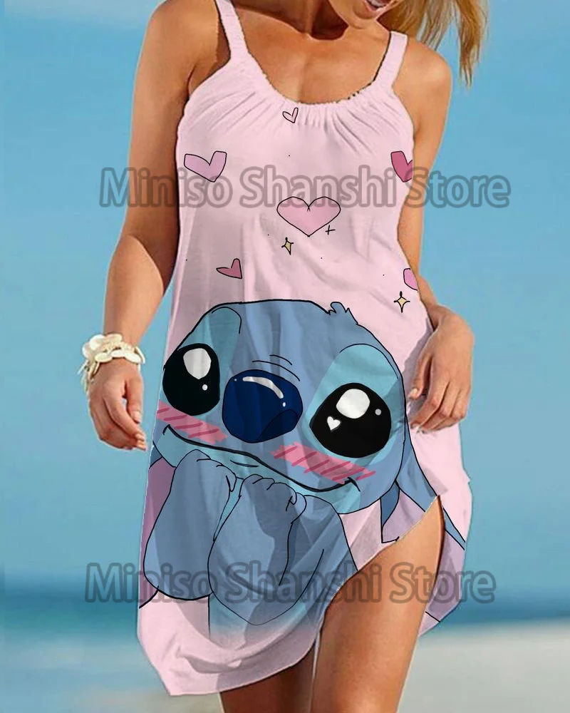 Disney-vestido con estampado de tirantes para mujer, ropa Sexy holgada para playa y ocio, Stitch, novedad de verano, 2024