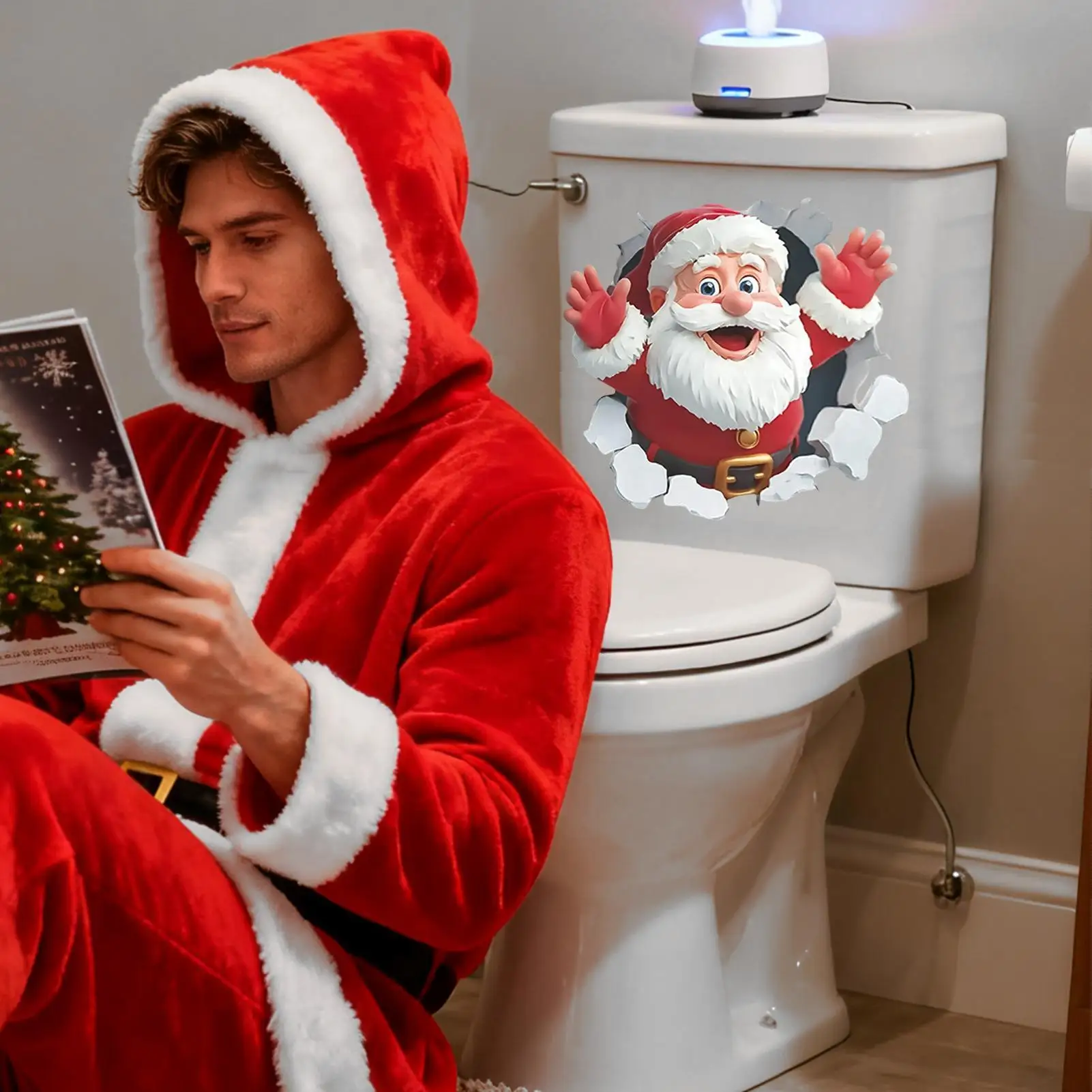 Christmas Stickers Self-Adhesive Funny Decals Santa Breaking Effect Wall Stickers For Toilet Bathroom Kitchen Bedroom Living