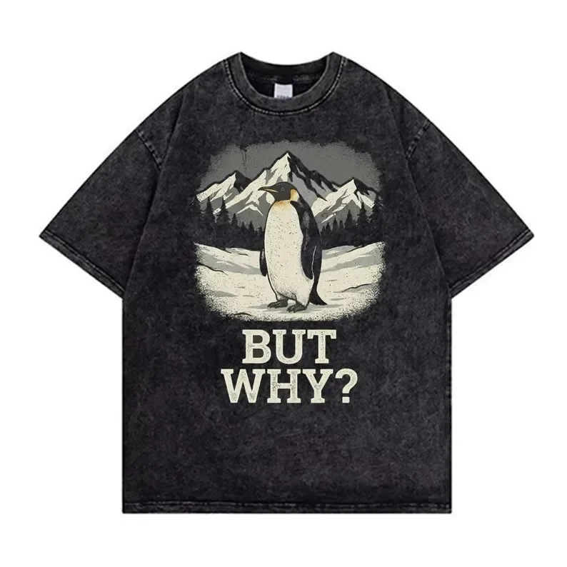 Retro Washed Penguin Mountain T-Shirt Funny Sarcastic Graphic Tee Harajuku Streetwear Loose Fit Acid Wash Unisex Summer Top Gray