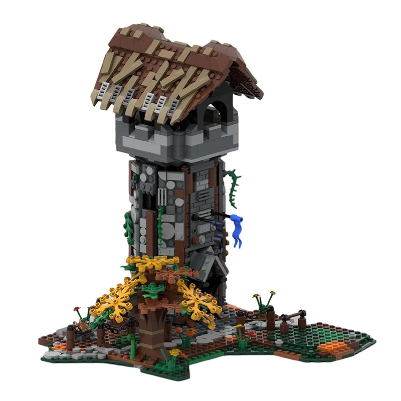 set-de-ladrillos-moc-vintage-torre-de-vigilancia-ruinosa-base-de-diorama-forestal-Arbol-seco-plantas-de-hiedra-mini-paisaje-bloques-de-construccion-para-exhibicion
