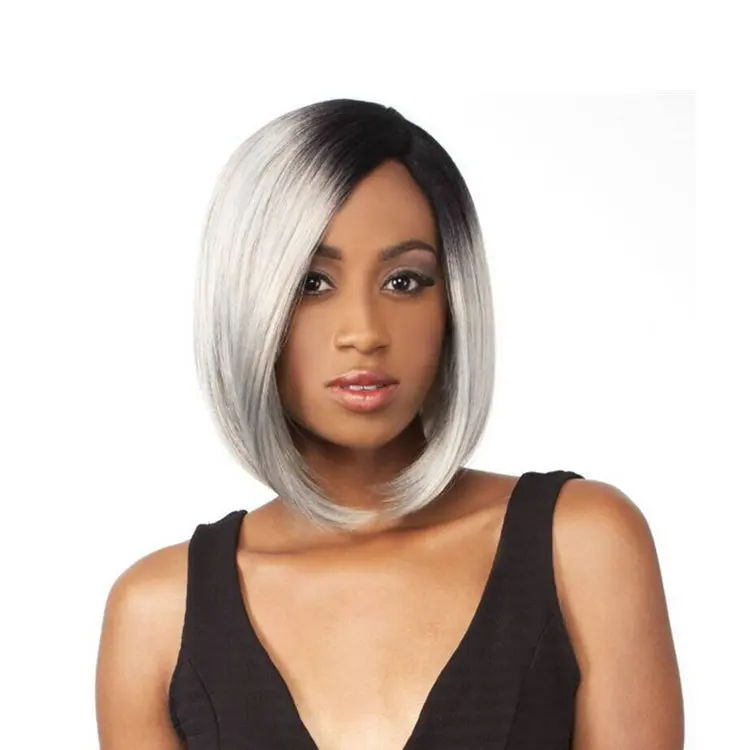 

ladies' synthetic wig, dyed black to silver-white gradient, gradient color short hair with side parting, non-fading hairstyle