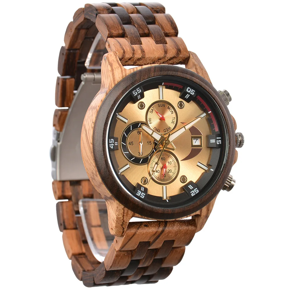 Three Eye Sandalwood Men Quartz Wristwatch Large Dial Chronograph Date Fold Buckle Business Style Male Wood Watch