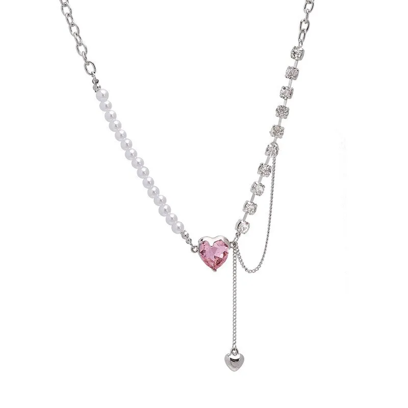Sweet Cool Pink Crystal Heart Pendant Necklace For Women Jewelry 2026 Trending New Korean Fashion Pearl Zircon Necklaces A217