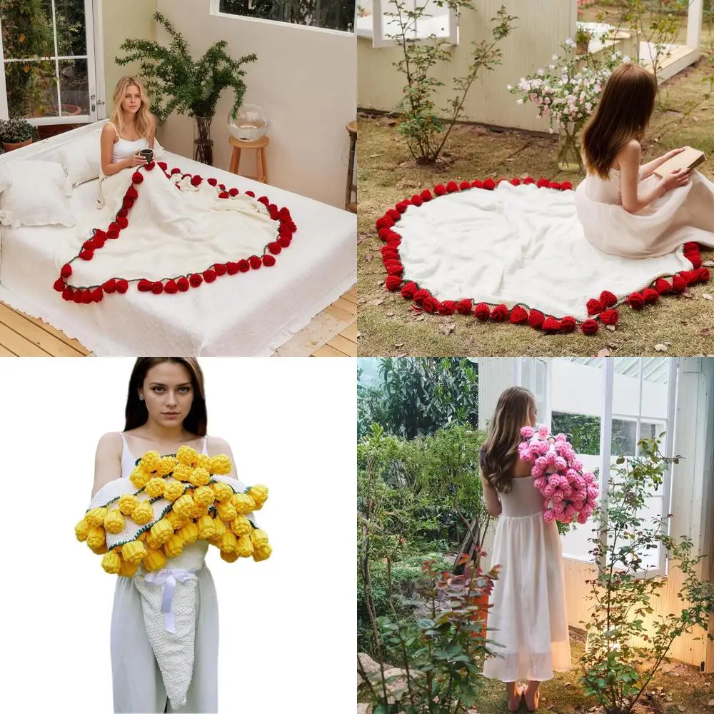 

Handcrafted Crochet Flower Bouquet Throw, Ultra Soft Knitted Roses, Perfect for Mother's Day or Wedding, Ideal Home Decor Gift