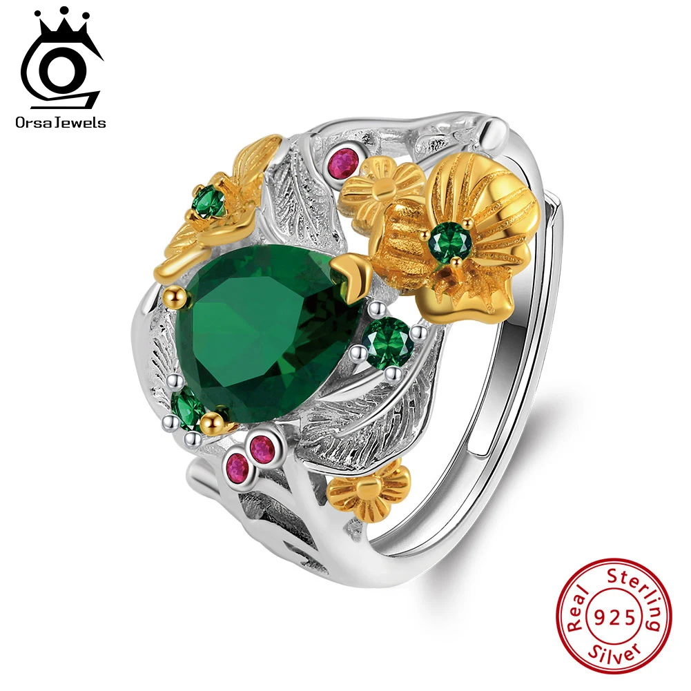 

ORSA JEWEL Genuine 925 Sterling Silver Created Emerald Band Rings with 5A Clear CZ for Women adjustable Ring Jewelry LZR21