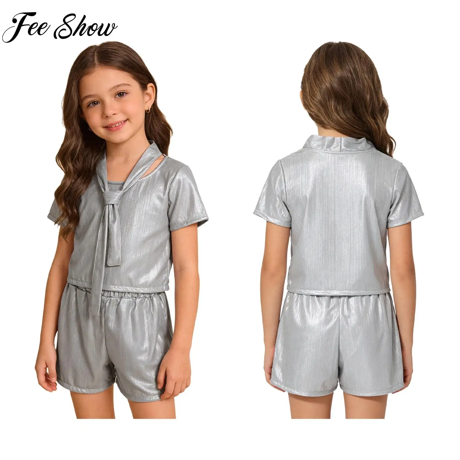 Kids Boys Girls Jazz Latin Chacha Dance Disco Stage Performance Outfit Teens Dance Set Metallic T-shirts with Shorts Tracksuit