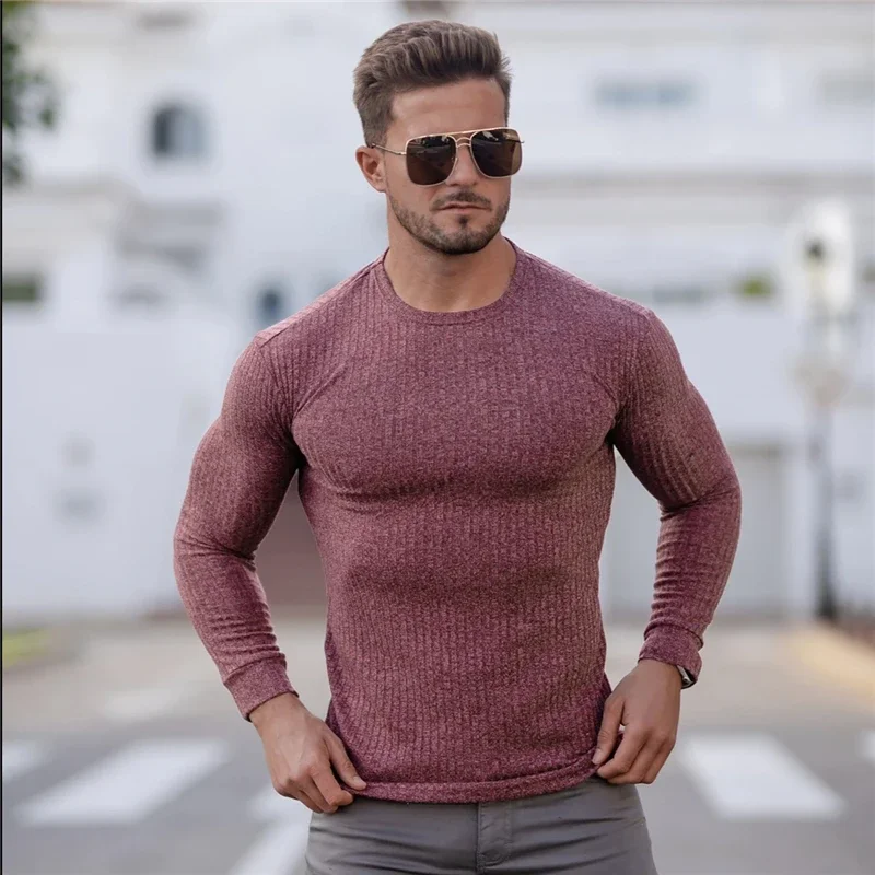 

Зимний мужской однотонный модный вязаный повседневный дышащий эластичный облегающий свитер для бодибилдинга, мягкий и эластичный свитер, пуловеры