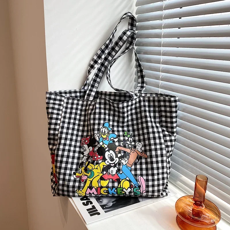 Disney Mickey Mouse Large Canvas Shoulder Bag Women's New Large Capacity Cartoon Women's Tote Bag Plaid Handbag