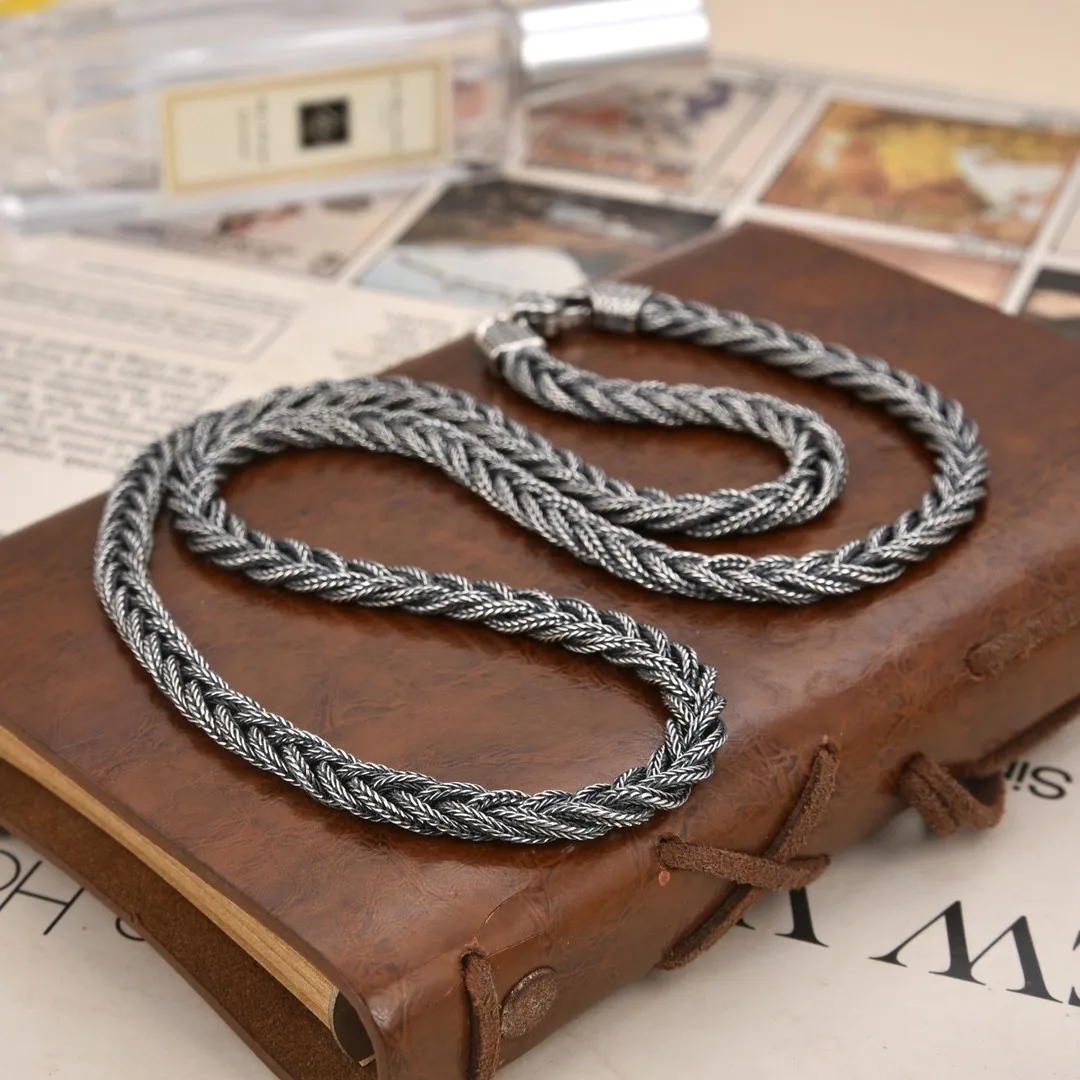 S925 sterling silver personalized men's hand-woven chain twist fox tail necklace hip hop retro trendy braid chain