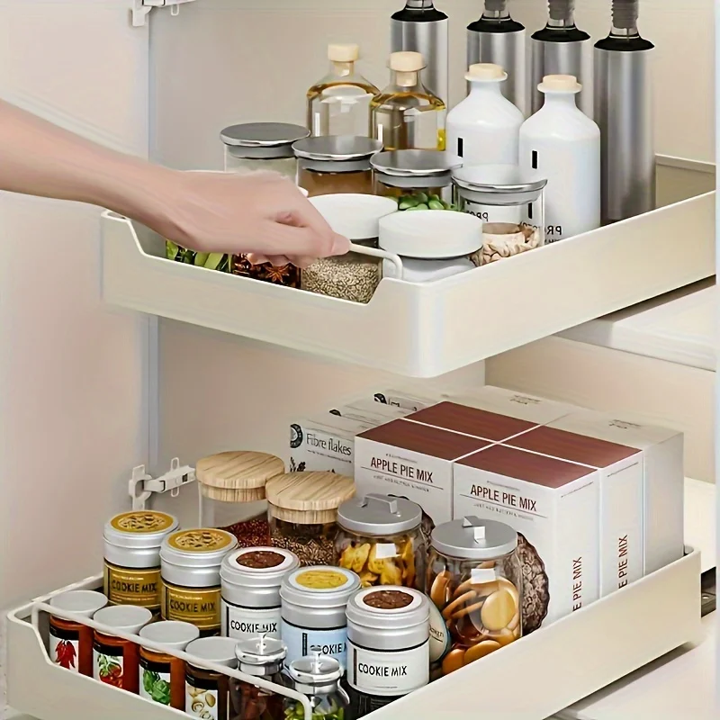 

Beige Pull-Out Cabinet Organizer – Easy Install No Drilling Single Tier Sliding Shelf – Lightweight Durable Metal Rack for