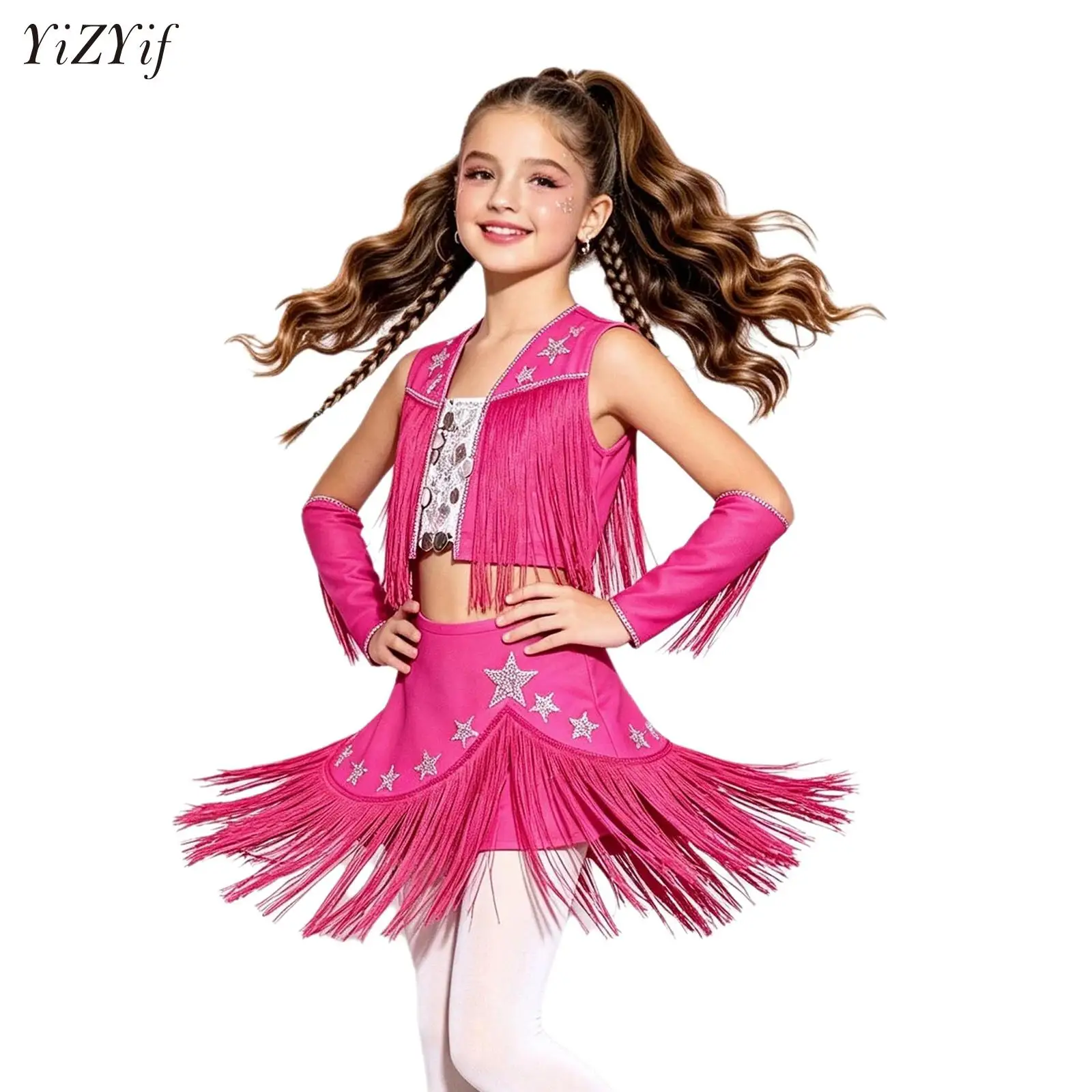 Kids Girls Tassel Latin Jazz Dance Outfit Sleeveless Tops with Skirt Oversleeve Cowgirls Cowboy Set for Tango Salsa Competition