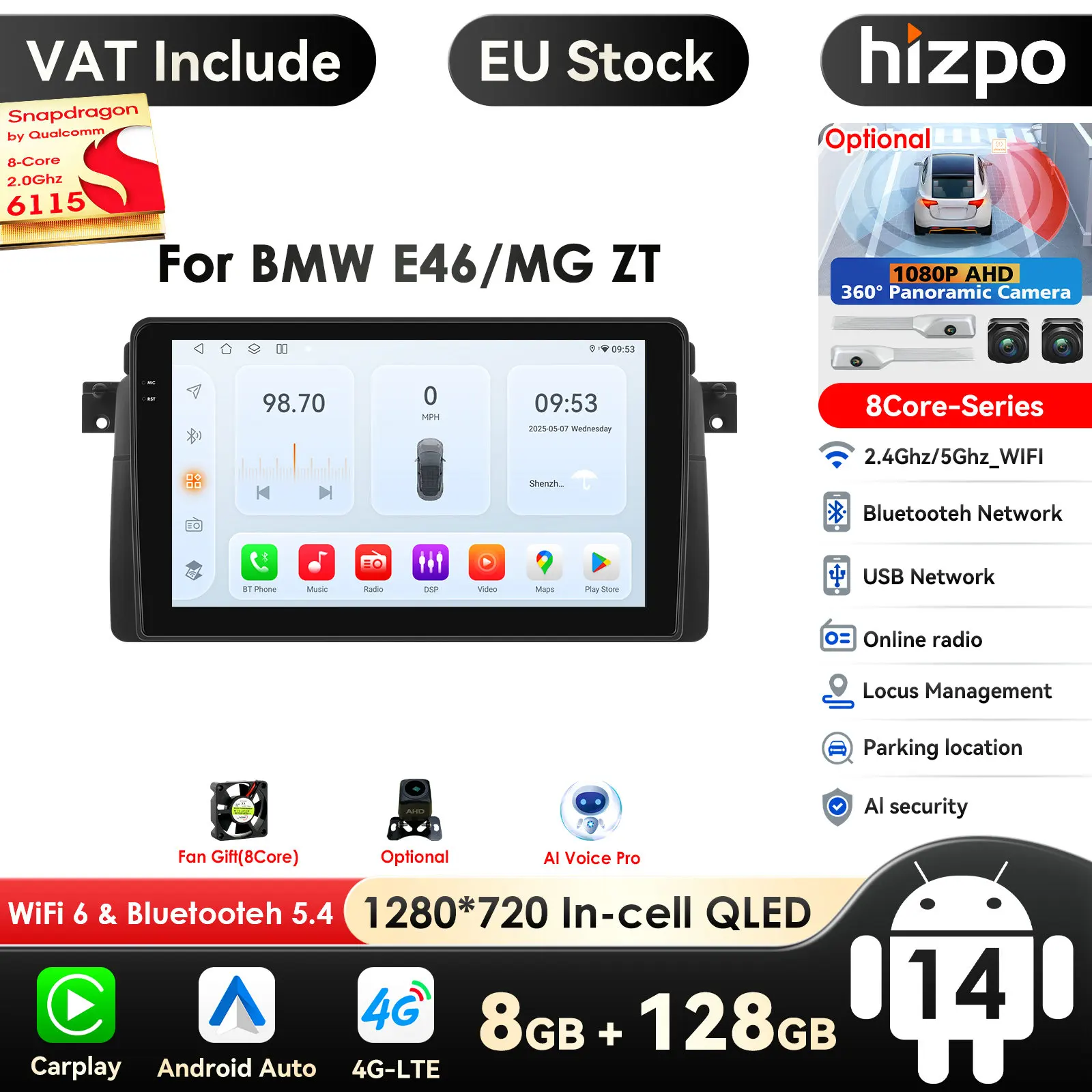 Carplay 4G 9" 8Core AutoRadio for BMW 3 Series E46 M3 318 320 325 330 335 1998-2005 GPS 2Din Android 14 Car Multimedia Player BT