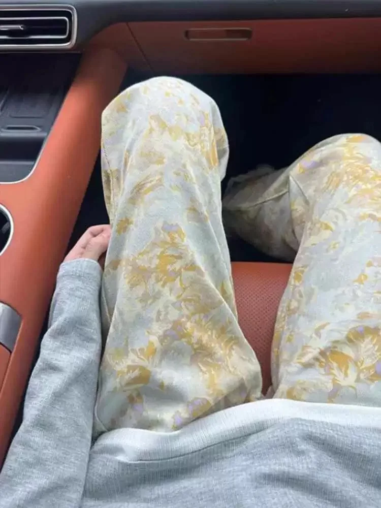 

Tie-Dye Wide Leg Jeans Women's Spring Autumn Thin adient Vintage Oil Painting Floral Print Trendy Yellow Mud Color Jeans