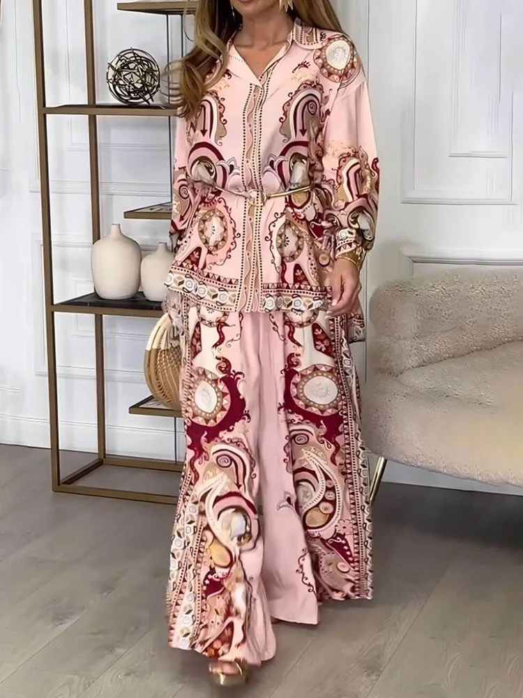 Women Long Sleeve Button Shirt And Wide Leg Pants Suits, Spring Summer Retro Print Turn Down Collar Matching Sets Ladies Outfits