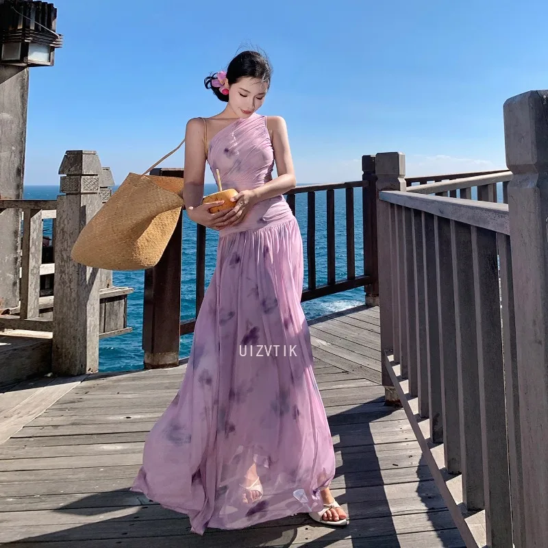 

Summer Purple Print Mesh Chic Inclined Shoulder Sexy Dress Women Elegant Casual Beach Long Dress 2025 Korean Fashion Party Dress