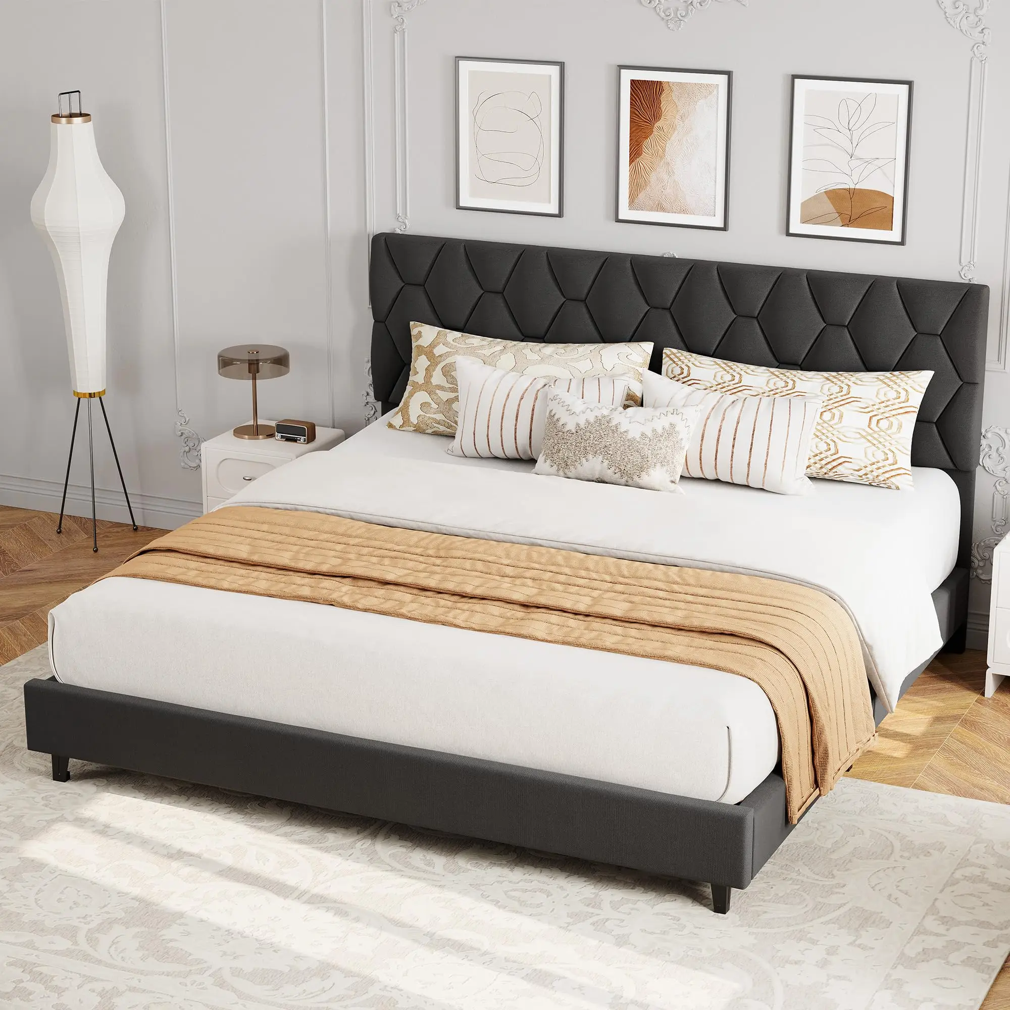 Noise-Free Upholstered Platform Bed Frame with Fabric Headboard - Heavy-Duty Slat Support, Non-Slip, No Box Spring Needed, Easy Assembly - KING Grey