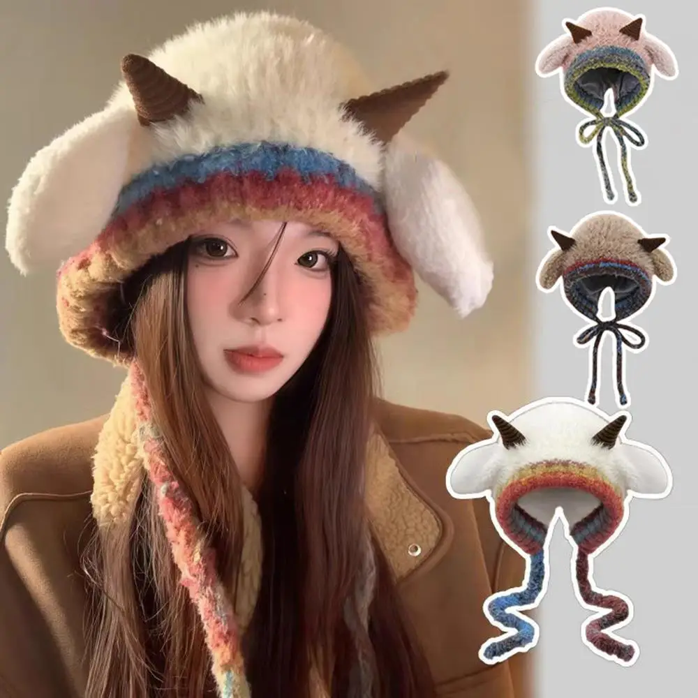 

Little Sheep Ear Woolen Hat Ear Protection Beanies Cap Outdoor Lace-up Fluffy Winter Hat Cartoon Thick Plush Knitted Hats