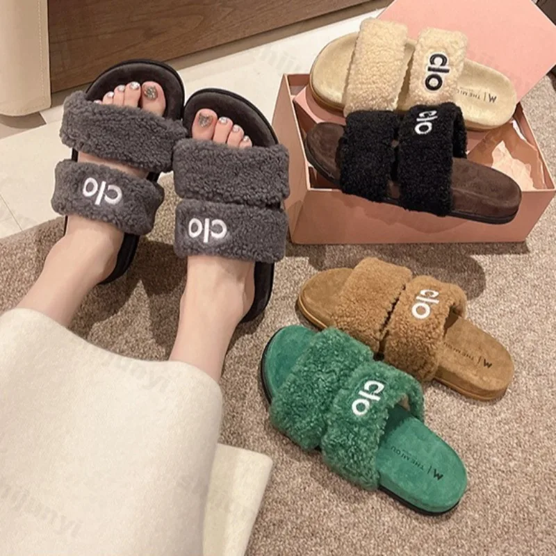 

Fashion Open Toes Casual Warm Flat Hairy Slippers for Women 2025 Winter New Hollow Breathable Comfortable Cotton Plush Draggers