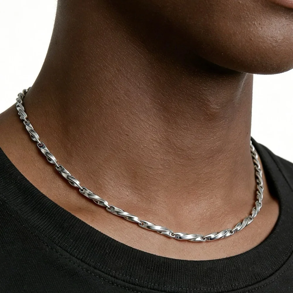 Herren Silberfarbene Edelstahl-Samenkette Halskette Hip-Hop Retro Outfit Schmuck Einfache Mode Titan-Stahl Halskette