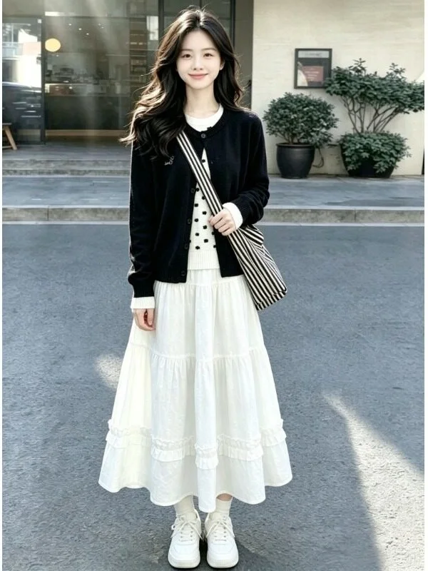 Polka Dot Knitted Sweater Coat Women's Autumn Winter Design Sense Half Skirt Knitting Set Chic Fashion Women's Ensemble