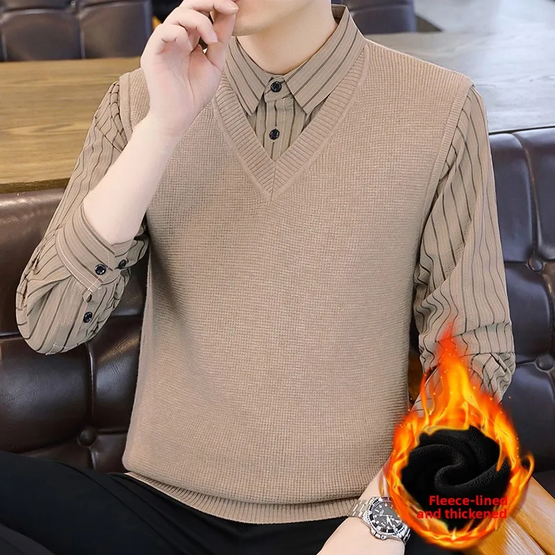 

Высококачественный мужской вязаный свитер с воротником-стойкой, на флисовой подкладке, утепленный, модный городской стиль, осень-зима, новинка, приталенный крой