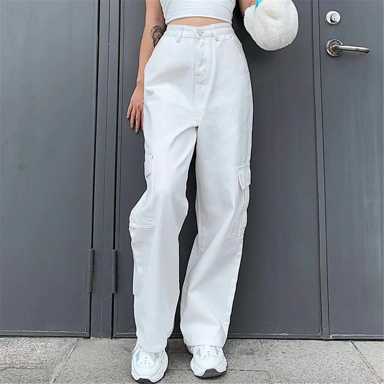 

New Baggy Jeans Women High-waisted Style with Pockets Cargo Jeans Solid Overalls Casual Straight-leg Pants Y2k Retro Streetwear