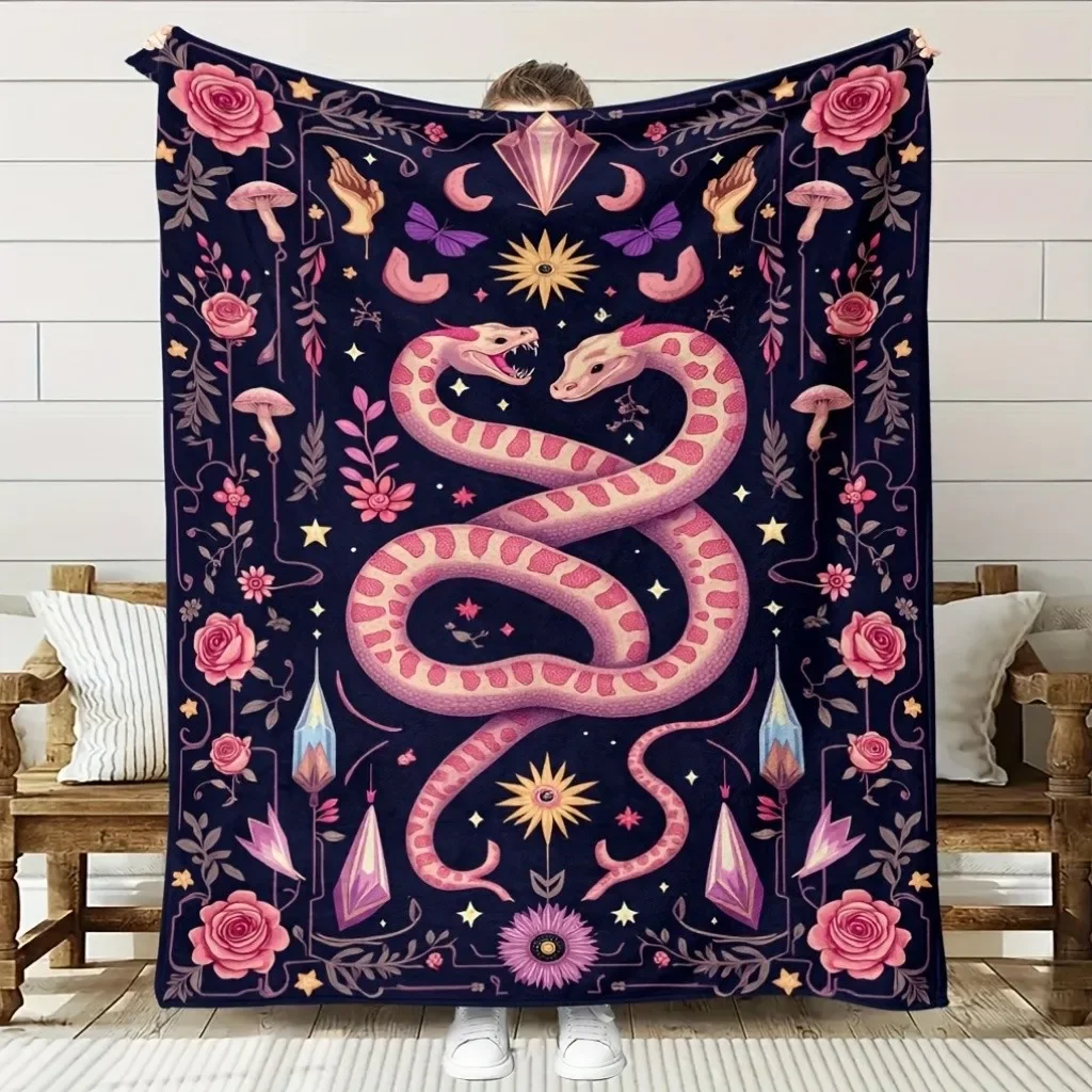 Bohemian snake-patterned rose design Flannel printed blanket suitable for all seasons suitable for living office sofa and travel