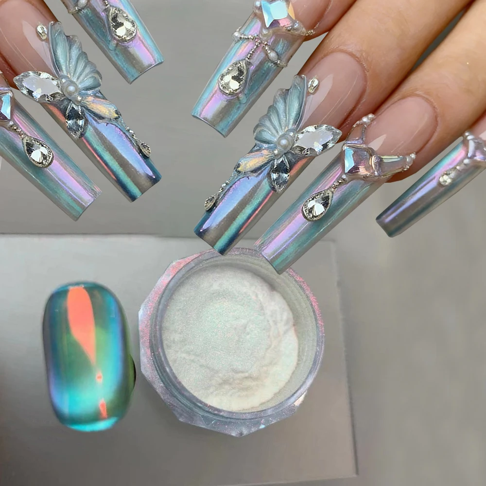 1 צנצנת אבקת ציפורניים בצבע ירוק מנטה, אפקט כרום אורורה, חד קרן, ירוק ממבו, אפקט קרח שקוף, אבקת מראה אורורה דקה, פיגמנט לציפורניים לנשים