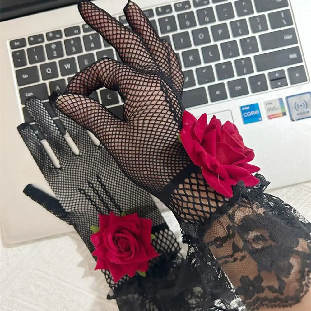 Unique Rose Flower Fishnet Gloves Hollow Out Breathable Lace Gloves Gothic Punk Mesh Mittens Cosplay