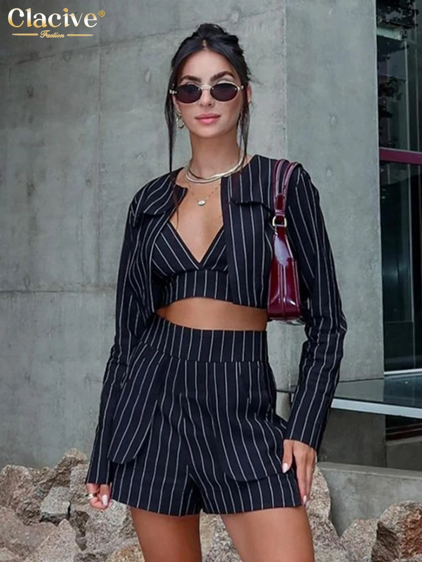 

Clacive Fashion Loose Stripe Print 3 Piece Sets Women Outfit 2025 Elegant Long Sleeve Crop Top + Bra With High Waist Shorts Set