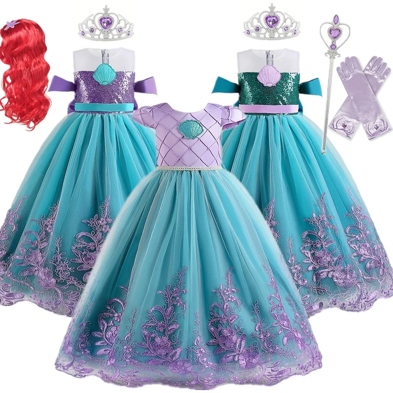 Little Mermaid Costume for Girls Cosplay Ariel Princess Dress Halloween Carnival Party Ball Gown Girls Mermaid Dress 4-10 Yrs