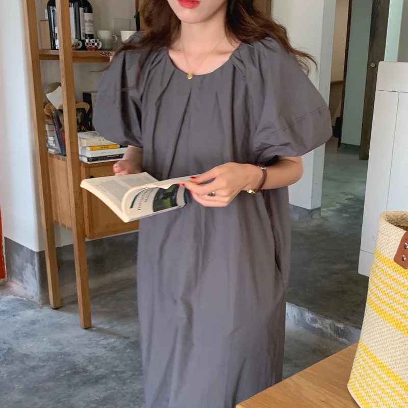 Chic Summer Loose Long Bubble Sve Round Ne Pure Color Dr เกาหลี Sle Casual Ele Split Ba Dr สําหรับผู้หญิง