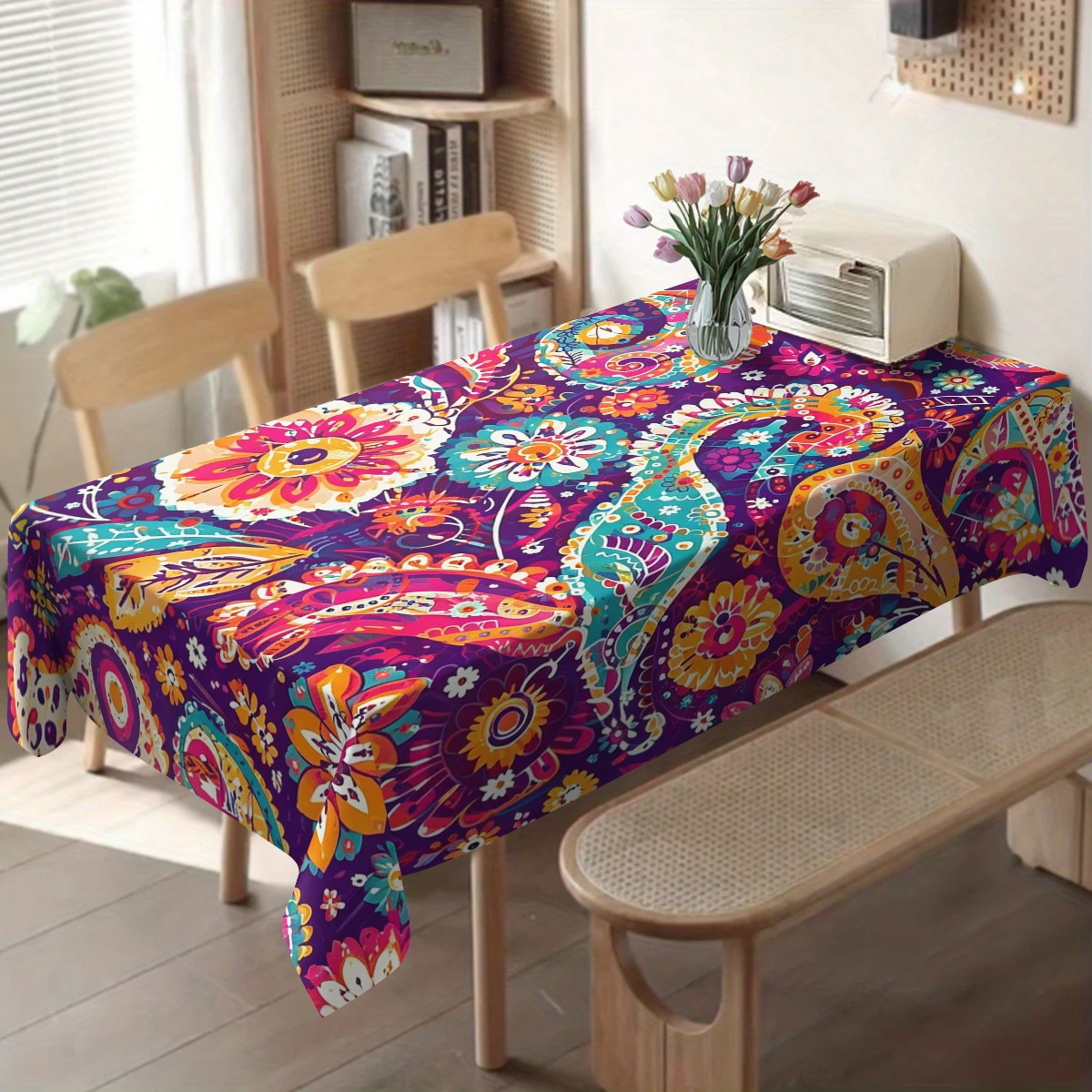 Vibrant Floral & Folk Art Pattern Polyester Tablecloth - Eye-catching Table Cover for Home Dining, Party Table Decoration