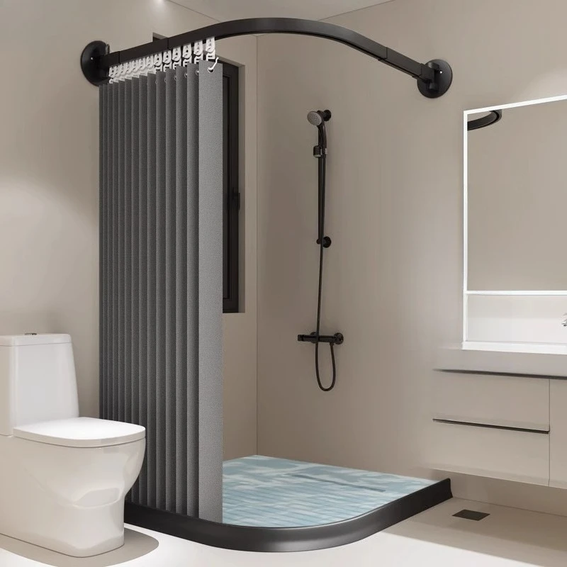 

Shower room shower curtain waterproof non-punching bathroom partition curtain water retaining folding l type U arc track