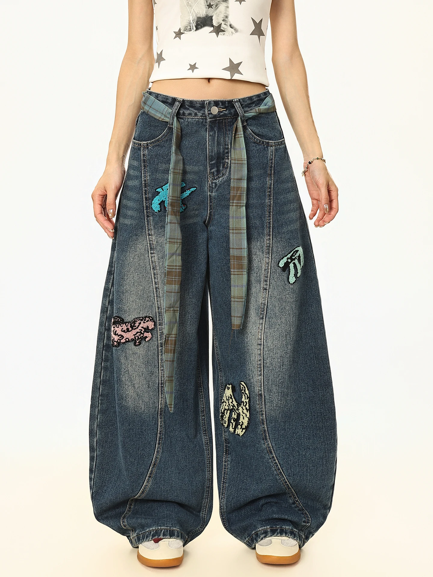 

Ретро джинсы с вышивкой в американском уличном стиле, женские летние свободные широкие джинсы с эффектом потертости