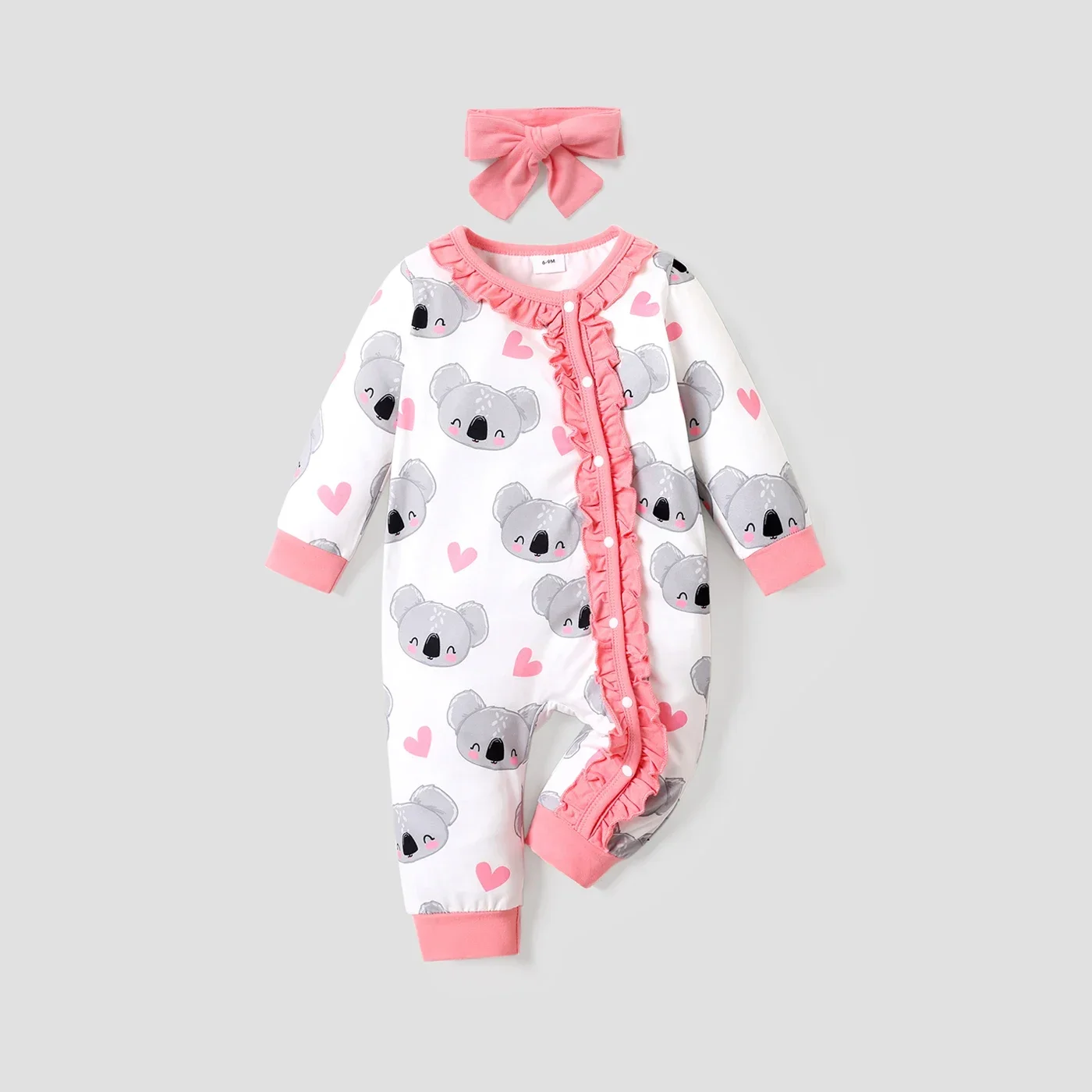 PatPat 2pcs All Over Cartoon Koala Print White Long-sleeve Ruffle Snap-up Baby Jumpsuit Set Soft and Comfortable