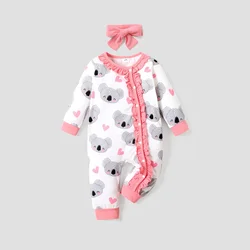 PatPat 2pcs All Over Cartoon Koala Print White Long-sleeve Ruffle Snap-up Baby Jumpsuit Set Soft and Comfortable