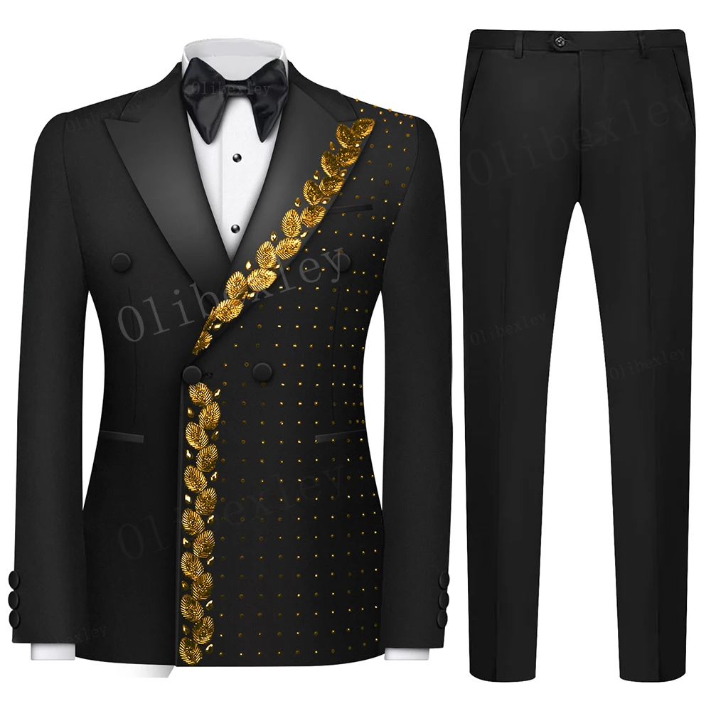 B33 Luxury 2 Pieces Black Blazer Pants Groom Tuxedo with Double Breasted Blazer Pants Formal Party Men\'s Suit