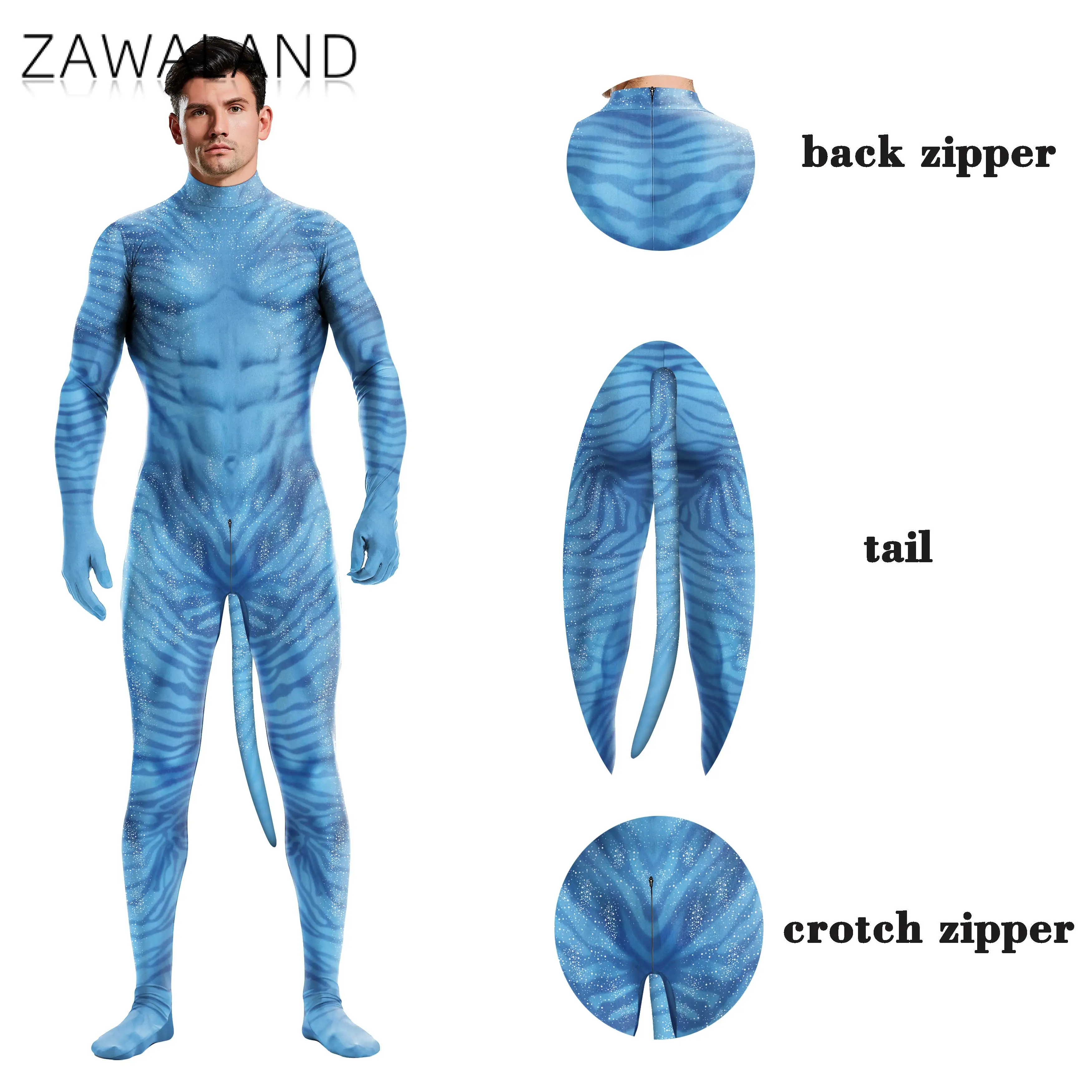 Zawaland Halloween Karneval Cosplay Kostüm Tier 3D Gedruckt Overall mit Schwanz Langarm Zentai Catsuit Spandex Muscle Anzug