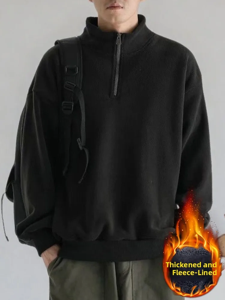 

Men's Zipper Hoodie Double-sided Fleece Half-high Collar Autumn Winter Casual Wear Youth Style Garment Comfortable Long Sleeve