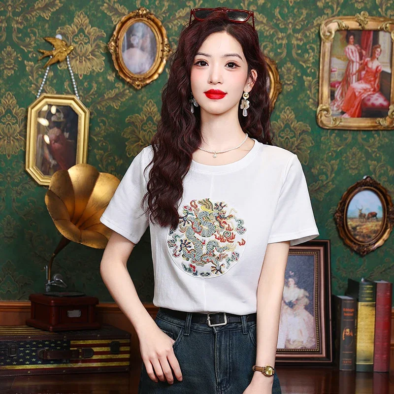 

Cotton Chinese Style Women's T-shirt Summer Embroidery Tees Short Sleeve Loose Women Tops Vintage O-necks Clothing 2024 Korean