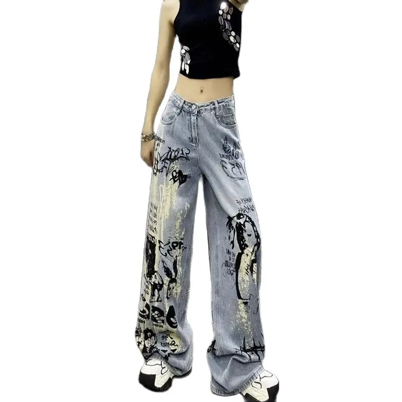 Spray-painted Ink Design Washed Jeans For Women 2024 Autumn New High-waisted Loose Printed Versatile Straight Wide-leg Pants