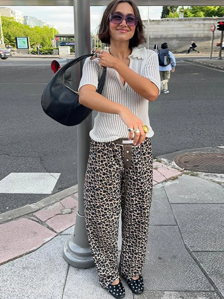 Pantalones con estampado de leopardo para mujer, pantalón holgado elástico de cintura alta con botones, a la moda, de gran tamaño, para otoño, 2024