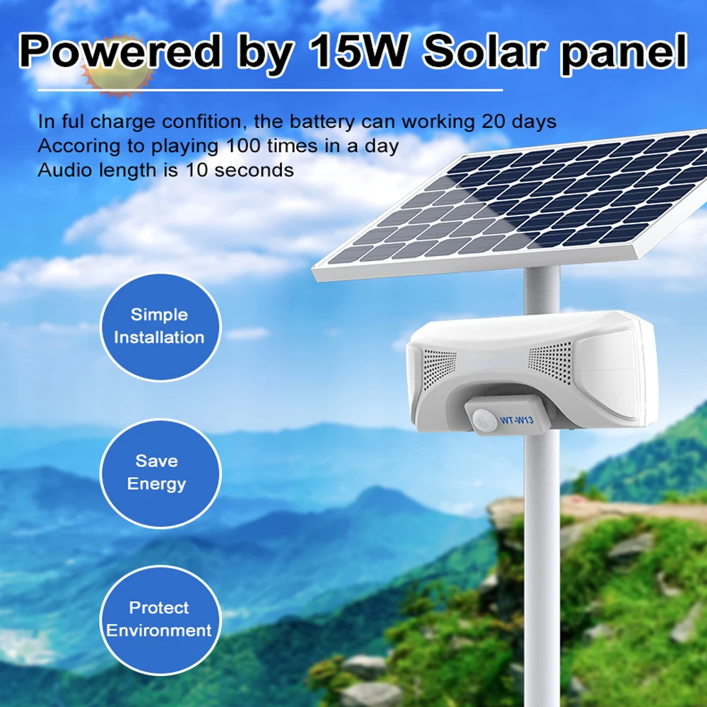 

Solar Outdoor Waterproof Solar Motion Detector Sensing Triggered Broadcast Alarm IPX5 Sound Alarm Motion Sensor Security System