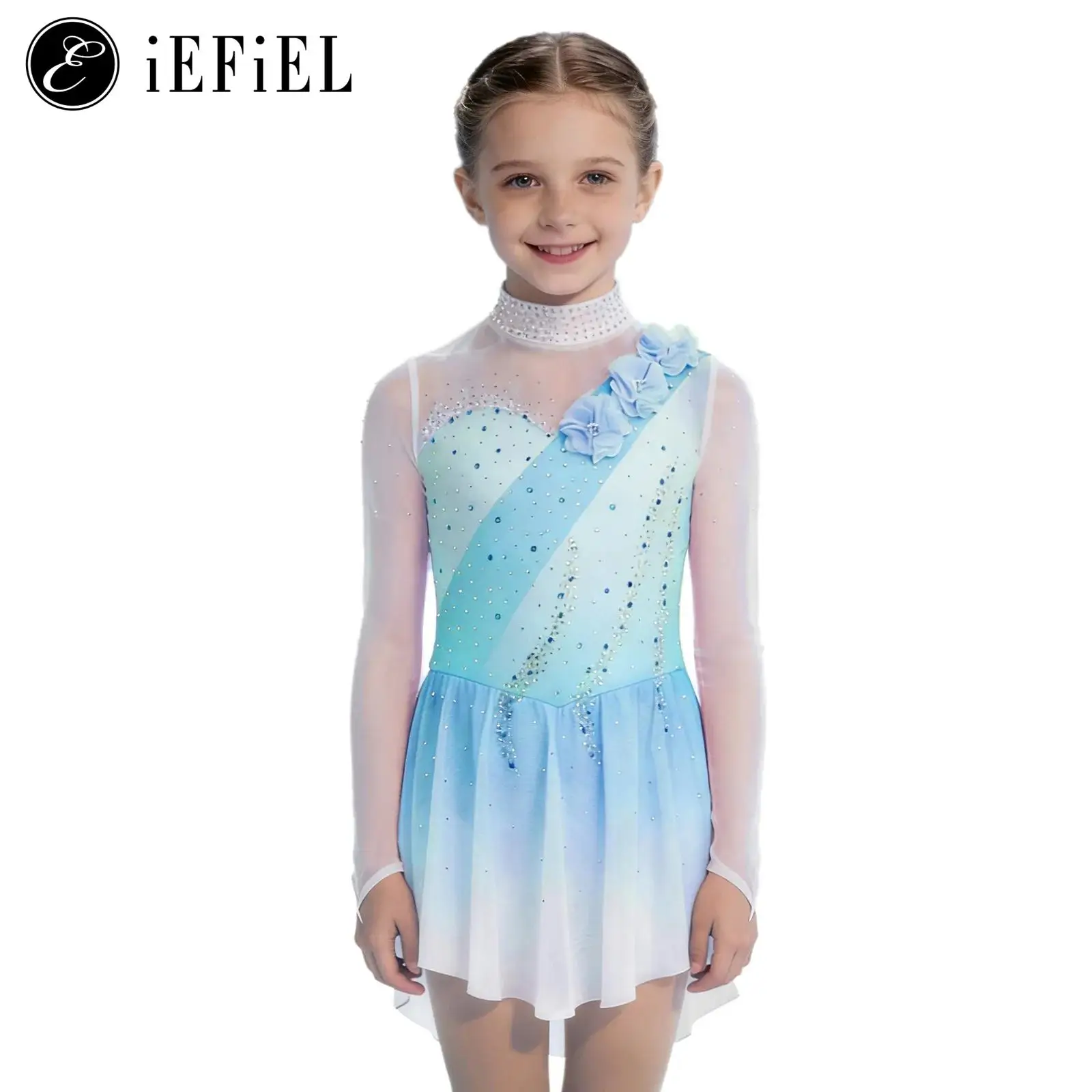 

Kids Girls Figure Skating Dress Gymnastics Leotard Sheer Mesh Long Sleeves 3D Flowers Rhinestone Gradient Color Ballet Dancewear