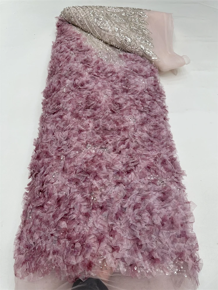 

Fashion French Mesh 3D Flowers Embroidery Bead Lace Fabric With Sequins African Nigerian Fabric For Wedding Dress