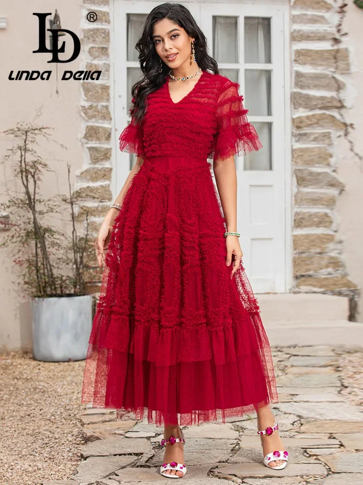 LD LINDA DELLA Summer Runway Fashion Red Mesh Dress Women Short sleeve Dot Splicing Vintage Party Long Dress Vestidos